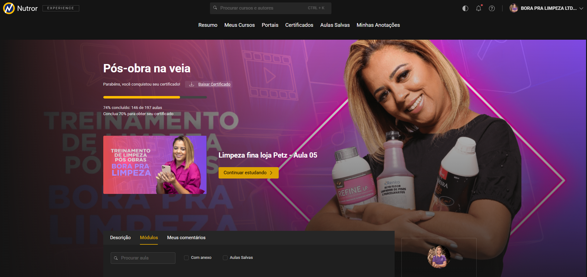 Parte interna do curso - área de membros